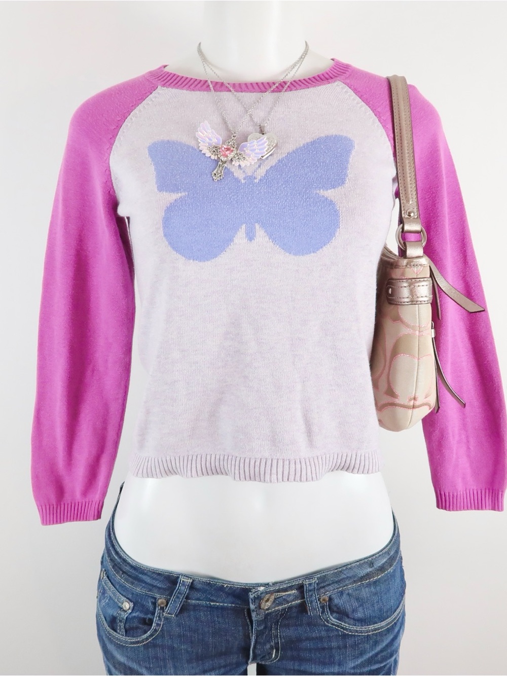 Y2k Pink Sleeve Cream Body Sweater with Blue Butterfly Motif